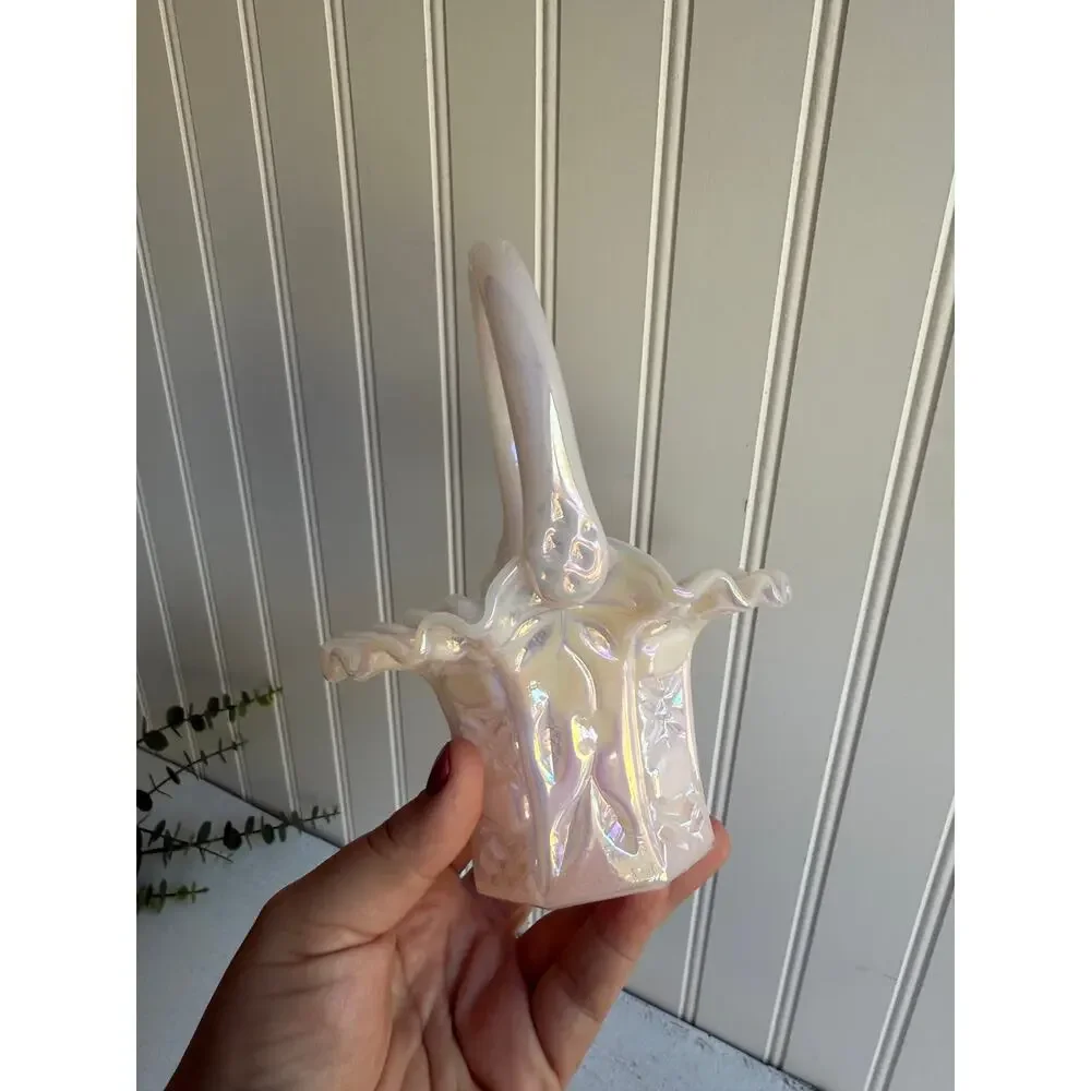 Vintage Fenton Iridescent Pink & White Glass Basket | Ruffled Edge Elegant Gift